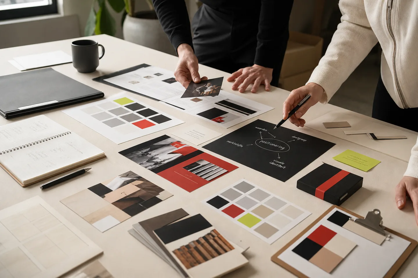 Professionals compare colors, typography and brand materials during a branding session.