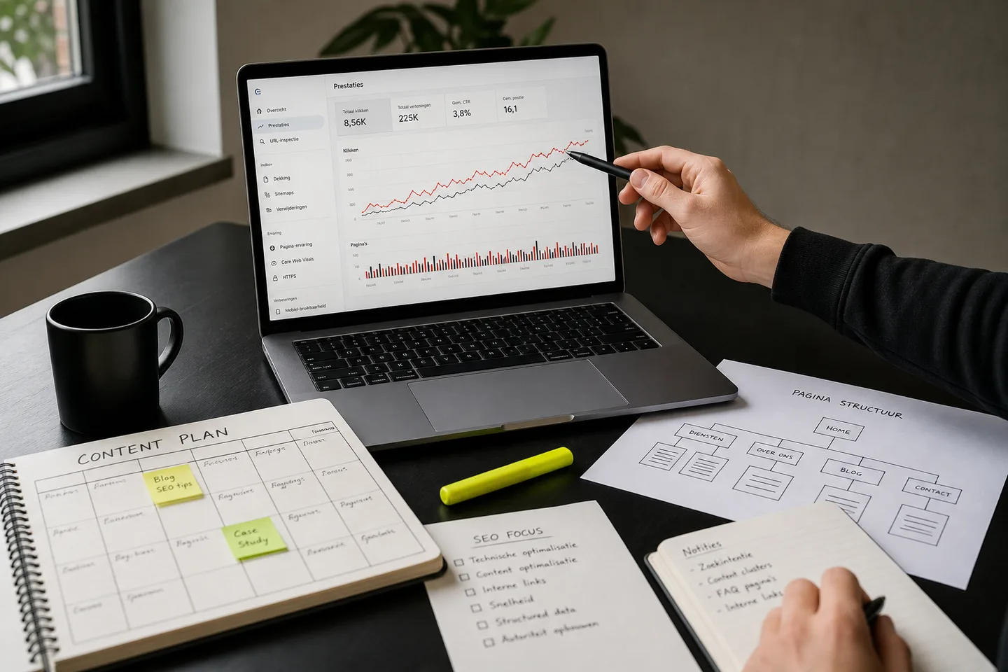 A professional analyzes gradual search growth and plans new website content on a desk.
