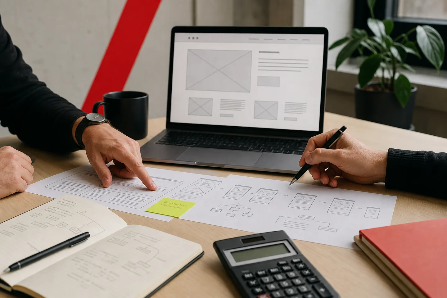 Two professionals discuss the structure, planning and investment of a business website at a worktable.